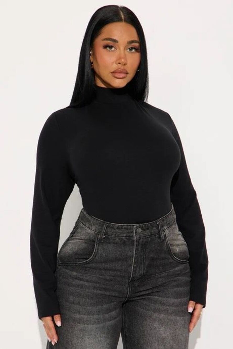 Mock Neck Long Sleeve Top - Black